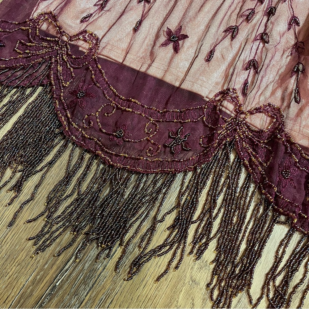 Vintage Y2K Beaded Dress Vintage Embroidered Mesh Burgundy Bow Flapper Dress - Picture 5 of 14